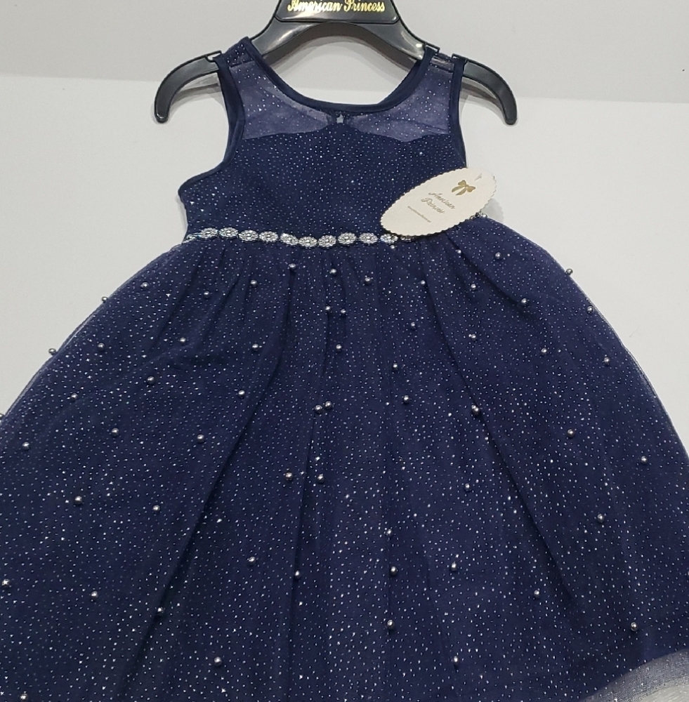 American Princess Blue and White Pleated Tiered Halter Dress